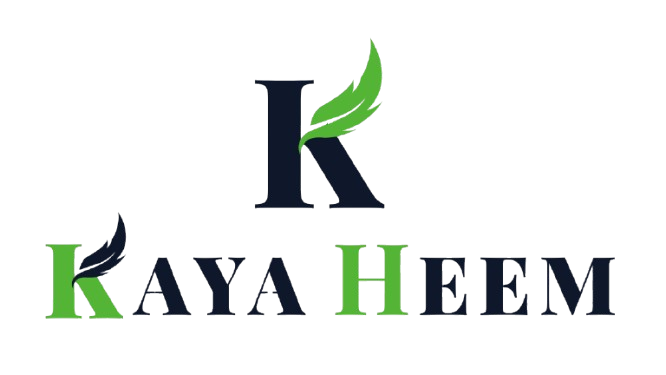 KAYA HEEM logo, The first letter "K" is dark blue with a green quill, followed by "AYA" in dark blue. The "H" in "HEEM" is green, with the remaining "EEM" in dark blue.
