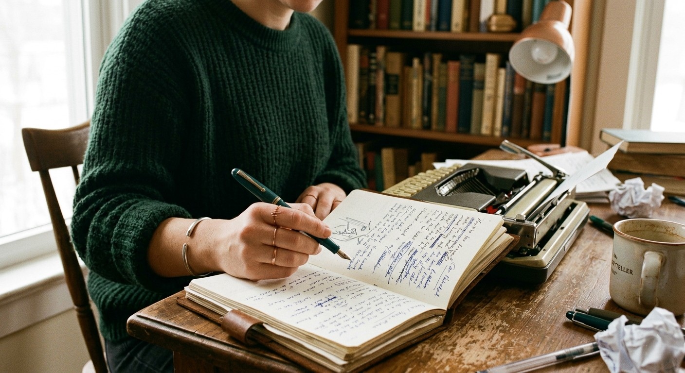 A candid, warm-toned photograph focusing on the hands of a person in a green knit sweater, writing with a teal fountain pen in a notebook. On the wooden desk are an antique typewriter, scattered papers, crumpled notes, and a coffee mug, with a packed bookshelf in the background.