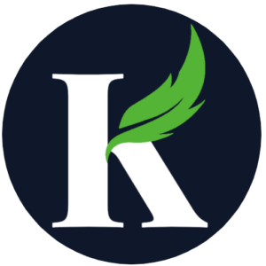 A professional logo icon featuring a stylized white serif letter "K" with a sleek, green quill feather integrated into the upper arm of the letter.
