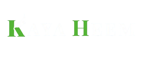 A horizontal logo for "KAYA HEEM." The first letter "K" is green with a white quill, followed by "AYA" in white. The "H" in "HEEM" is green, with the remaining "EEM" in white.