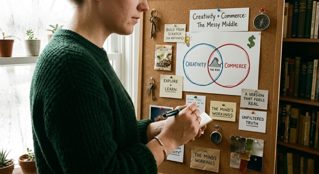 A close-up profile view of a person in a green sweater looking at a corkboard. The board features a hand-drawn Venn diagram illustrating the intersection of "Creativity" and "Commerce" with a rollercoaster icon in the middle labeled "The Ride." Surrounding the diagram are sticky notes with handwritten phrases like "Build from Scratch," "Explore + Learn," and "Unfiltered Truth."