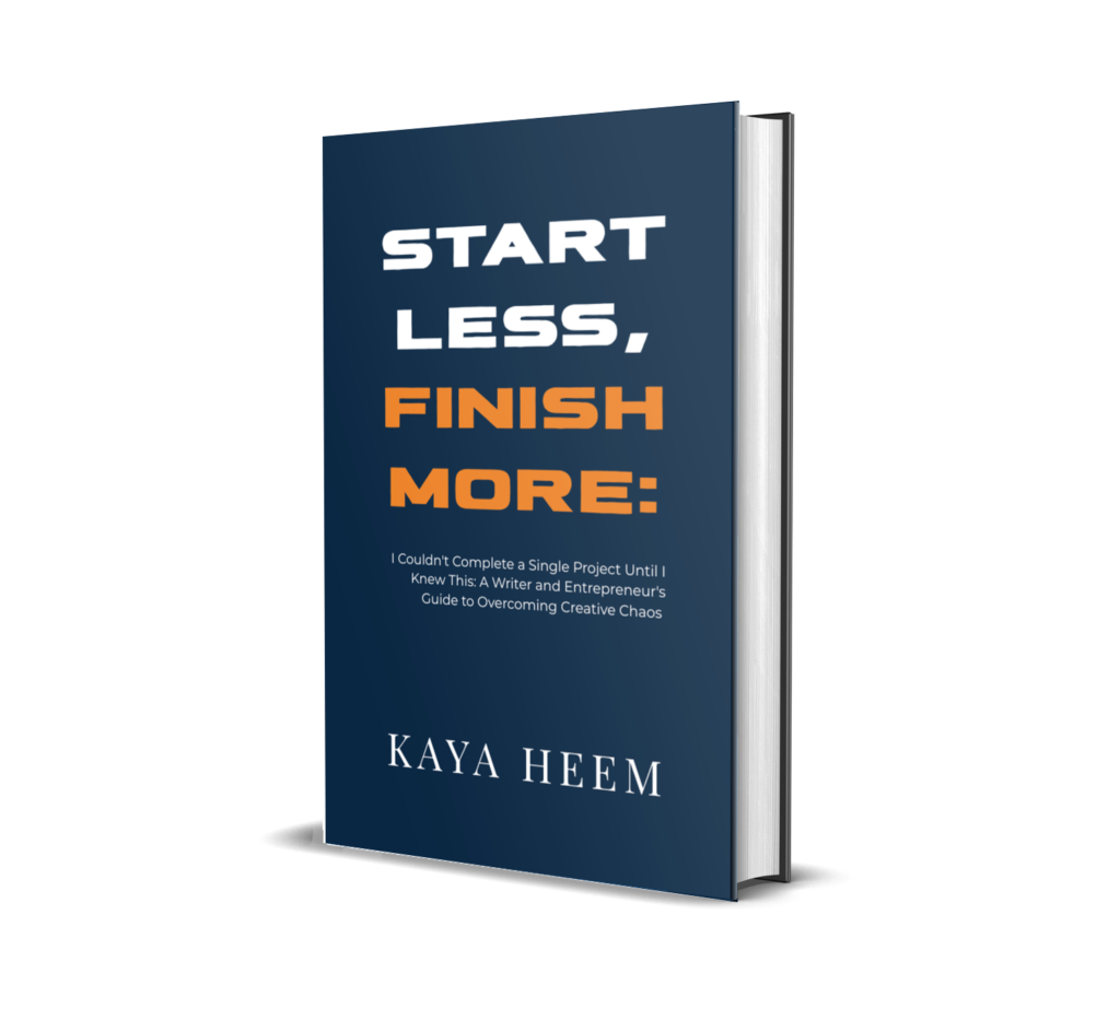A 3D hardcover book mockup of "Start Less, Finish More" by Kaya Heem, featuring a minimalist dark blue and grey cover with a central lightbulb graphic, highlighting the subtitle: A Writer and Entrepreneur’s Guide to Overcoming Creative Chaos.