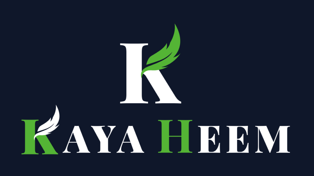 KAYA HEEM logo, The first letter "K" is white with a green quill, followed by "AYA" in white. The "H" in "HEEM" is green, with the remaining "EEM" in white.
